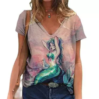 Забавная универсальная повседневная винтажная футболка с цифровым принтом, сексуальная модная женская футболка с v-образным вырезом, повседневная удобная женская футболка с длинным рукавом S