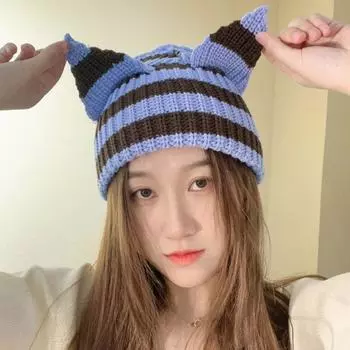 Забавная вязаная полосатая шапка, теплая вязаная крючком шапка, модная милая шапка с кошачьими ушками, зимняя M-Beige Black