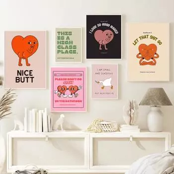 Забавная вывеска для ванной комнаты, холст, живопись и постеры Let That Shit Go, ретро цитаты в форме сердца, художественная настенная печать, картина для домашнего декора в скандинавском стиле 21x30cm No Framed