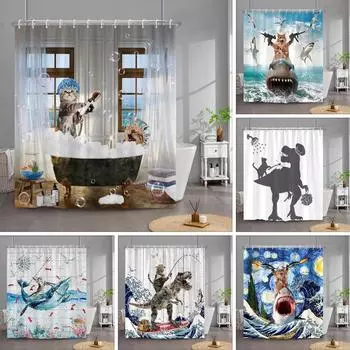 Забавная занавеска для душа с котом, милый крутой котенок, едущий на ките, мультяшное животное, океанская волна, детская занавеска для ванной, водонепроницаемая с крючками 90x180cm-35x70in