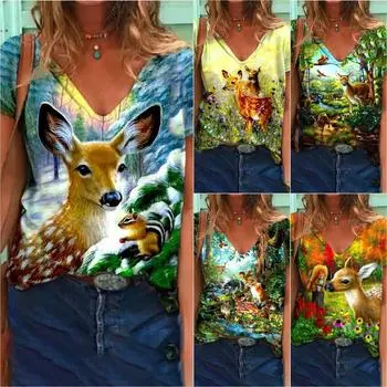 Забавная женская футболка с героями мультфильмов и животными, летняя мода 2021, повседневный пуловер, топы с v-образным вырезом и короткими рукавами, футболки с принтом, футболка для девочек 4XL