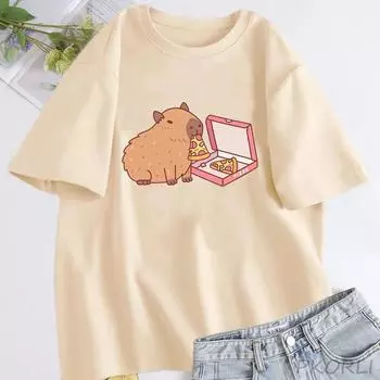 Забавная женская футболка с изображением капибары, поедающей пиццу, с графическим 3D-принтом, симпатичная футболка, женская футболка, уличная одежда S