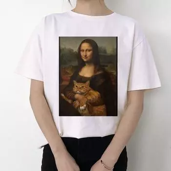 Забавная женская футболка с изображением кота Микеланджело, корейская футболка Kawaii Ulzzang, женская графическая футболка с коротким рукавом и принтом 2XL белый