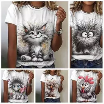 Забавная женская футболка с изображением животных, 3D-принт милой кошки, утки, женская модная графическая футболка с коротким рукавом и круглым вырезом, белые топы, футболка Kawaii S