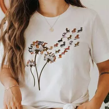 Забавная женская футболка с одуванчиком и таксой, одежда, кавайные женские футболки с мультяшным рисунком, футболка с короткими рукавами, женская футболка, топы 4XL