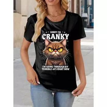 Забавная женская футболка с принтом кота, летняя круглая горловина, короткий рукав, повседневная женская одежда больших размеров для активного отдыха S