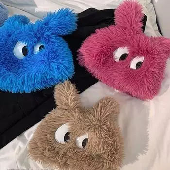 Забавная зимняя плюшевая шапка для женщин, милая мультяшная шапка с ушками щенка, однотонная теплая пушистая шапка из искусственного меха для девочек, защитные шапки для ушей 55-59CM