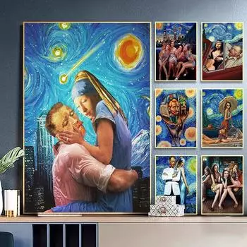 Забавное искусство, абстрактная живопись на холсте «Ван Гог и друзья», современные постеры и принты, настенные художественные картины для гостиной, домашний декор 21x30cm No Framed