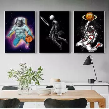 Забавное искусство космонавт играет в баскетбол в космосе холст картины постеры и принты настенные художественные картины для украшения гостиной без рамки 21*30cm