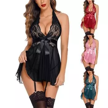 Забавное нижнее белье, сексуальное однотонное нижнее белье с галстуком-бабочкой, женская сетчатая одежда для сна на подтяжках, большой сплит-набор L чёрный