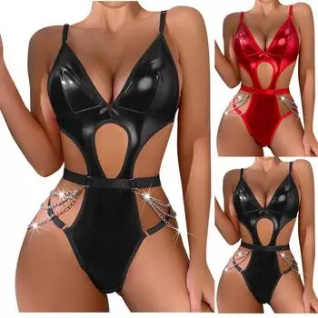 Забавное нижнее белье, сексуальные женские цепочки, полый лаковый кожаный комплект нижнего белья с подвесным шейным ремешком L