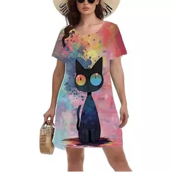 Забавное платье с принтом в виде 3D-кота для женщин в стиле Харадзюку, повседневное мини-платье с коротким рукавом и круглым вырезом, размер 6XL, женский сарафан S