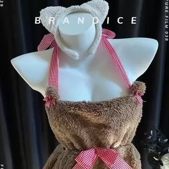 Забавное плюшевое платье горничной с открытой спиной, ночная рубашка с медведем, сексуальная кружевная пижама с бантом, юбка на бедрах M