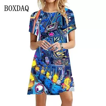 Забавное женское платье с 3D-принтом из мультфильма, летнее повседневное платье А-силуэта с коротким рукавом, модное уличное платье в стиле хип-хоп, большие размеры S