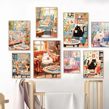 Забавное животное, милый кот, напиток, чай, кофе, художественный постер, холст, картина, рождественские подарки на день Святого Валентина, настенный принт, фотографии, украшение для дома 21x30cm No Framed белый