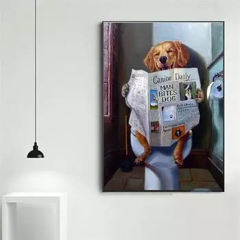 Забавное животное, улыбка, собака, чтение газет, живопись на холсте, настенные художественные постеры и принты, изображение для ванной комнаты, туалета, украшение дома 21*30cm