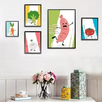 Забавные акварельные постеры с овощами, принты с луком, тарротом, брокколи, колбасой, помидорами, холст, живопись, милые настенные картины для кухни, декор 21cm30cm NoFrame