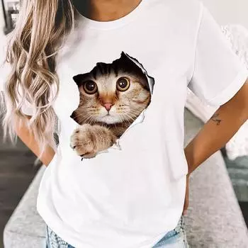 Забавные футболки с милым котом, женские летние повседневные футболки с короткими рукавами, топы с круглым вырезом XXS чёрный