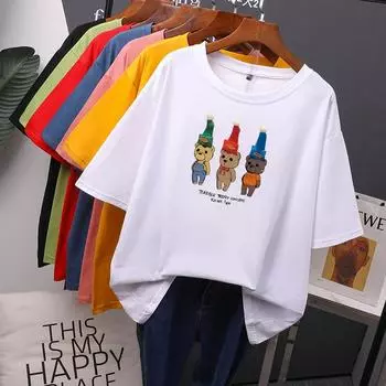 Забавные футболки с принтом Тедди и героями мультфильмов, женские кавайные повседневные футболки большого размера, мягкие хлопковые женские топы с круглым вырезом, графические топы M чёрный