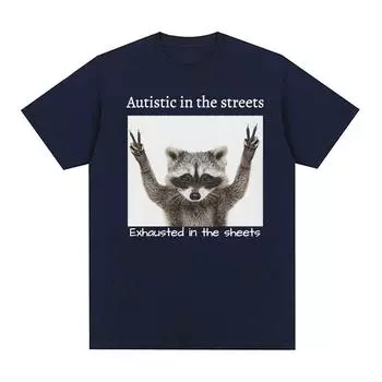 Забавные футболки с рисунком енота для аутистов на улицах, мужские и женские повседневные модные футболки с короткими рукавами, футболки большого размера из 100% хлопка S чёрный