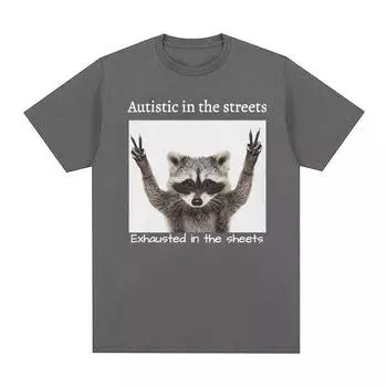 Забавные футболки с рисунком енота для аутистов на улицах, мужские и женские повседневные модные футболки с короткими рукавами, футболки большого размера из 100% хлопка S чёрный