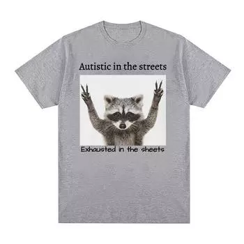 Забавные футболки с рисунком енота для аутистов на улицах, мужские и женские повседневные модные футболки с короткими рукавами, футболки большого размера из 100% хлопка S чёрный