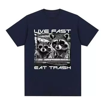 Забавные футболки с рисунком енота Live Fast Eat Trash в стиле ретро, мужская крутая модная одежда, футболка, повседневная уютная хлопковая футболка большого размера S чёрный