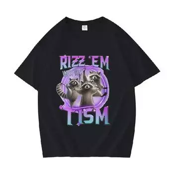 Забавные футболки с рисунком енота Rizz Em и Tism, женская модная футболка унисекс в стиле Харадзюку, ретро-футболка, топы, футболка большого размера из 100% хлопка L