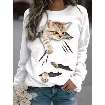 Забавные кошачьи толстовки с принтом животных и уток 3D для женщин, осенняя новая уличная одежда с капюшоном с круглым вырезом, пуловеры 2000 года, топы Harajuku для женщин S