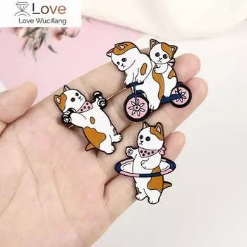 Забавные кошки эмалированные булавки на заказ кошка яйцо велосипед гантели спортивные броши сумка лацкан значок мультфильм ювелирные изделия для детей друзья