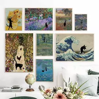 Забавные кошки знаменитый Климт настенные художественные принты холст картины плакаты на скандинавскую тему цветочные Моне водяные лилии картины для декора гостиной 21x30cm No Framed белый