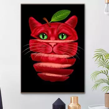 Забавные красные яблочные кошки, креативные постеры, настенные художественные принты на холсте, современные картины с животными для гостиной, домашний декор, фотографии 21x30cm No Framed белый