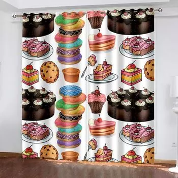 Забавные кухонные шторы Еда и напитки Гамбургер торт Оконные шторы Кухонные шторы Панельный декор для дома Шторы для гостиной W50H130(CM)x2&Hook