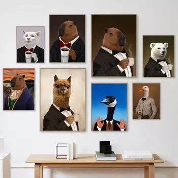 Забавные мемы Капибара Утка Одежда Деловой Костюм Пить Кофе Плакаты Холст Картина Животное Настенное Искусство Для Гостиной Украшения Дома Без Рамки 21*30cm No Frame