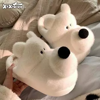 Забавные милые домашние тапочки женские зимние 2024 новые теплые толстые подошвы женские хлопковые тапочки милая собачка плюшевая домашняя обувь 36-37 белый