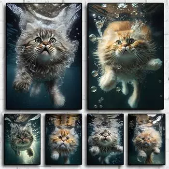 Забавные милые картинки с плавающими кошками для любителей кошек, гостиная, холст, живопись, домашний декор, принт, эстетические постеры, подарок 21x30cm No Frame