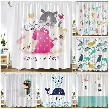 Забавные мультяшные занавески для душа милые кошки купание динозавр кит белый медведь животные занавеска для ванной детская комната декор для ванной комнаты наборы 120x180cm-47x70in