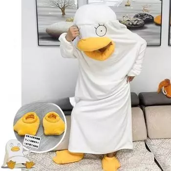 Забавные пижамы с маленькой белой уткой для мужчин и женщин, коралловые бархатные ночные рубашки для пар, цельное теплое изделие XL белый