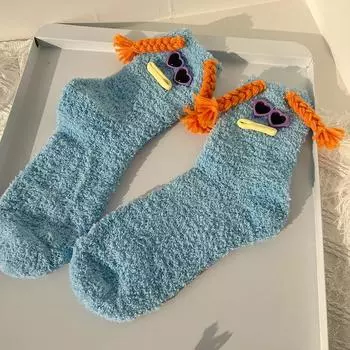 Забавные пушистые носки, женские напольные носки с мультяшным рисунком, флисовые домашние зимние чулки для сна, зимние утепленные теплые ковровые носки