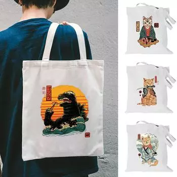 Забавные сумки с котами, большая вместительная женская сумка на плечо, сумки для покупок из хлопчатобумажной ткани, продуктовые многоразовые сумки, сумка-тоут 24*26cm