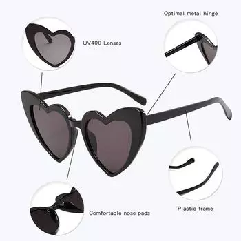 Забавные универсальные солнцезащитные очки Love Heart Shaped Sunglasses Women Big Frame Fashion Cute Retro Vintage Sun Protection Glasses