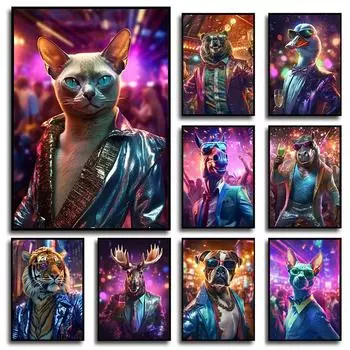 Забавные вечерние животные, боксер, собака/сиамская кошка/утка/тигр, постер, холст, картина, DJ, музыка, настенные художественные фотографии, домашний клуб, бар, декор 21x30cm No Frame