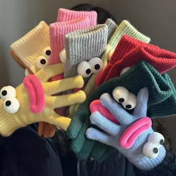 Забавные вязаные перчатки женские теплые милые мультяшные студенческие перчатки с сенсорным экраном с разделенными пальцами из шерсти average size бежевый