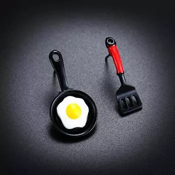 Забавные женские асимметричные серьги-гвоздики с лопатой для жареных яиц, ювелирные изделия в подарок