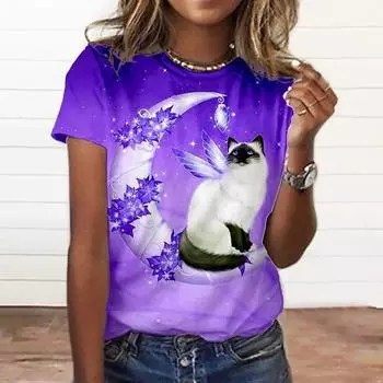 Забавные женские футболки, летняя кавайная футболка с 3d принтом кота, модный топ с короткими рукавами, женская женская одежда большого размера с круглым вырезом XS