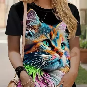 Забавные женские футболки с 3D принтом милого кота, летние повседневные свободные топы с круглым вырезом и короткими рукавами, модные футболки с животным узором Kawaii Girl Tees L