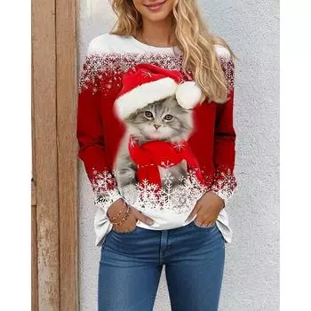 Забавные женские футболки с рисунком рождественских кошек, осенние футболки с длинным рукавом, рождественские снежинки, 3D-принт, уличная женская одежда, повседневные топы S