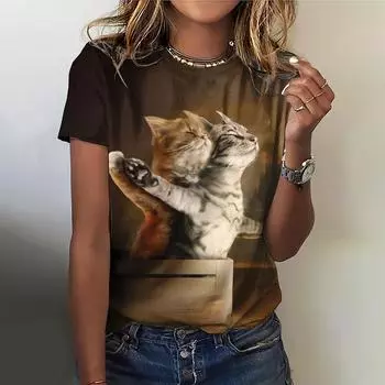 Забавные женские футболки с рисунком животных, принт с кошками, повседневный топ с коротким рукавом для женщин, кавайная мода, свободная женская одежда 2025 S