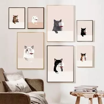 Забавные животные, черно-белые кошки, красное вино, плакат, любитель кошек, холст, живопись, настенная живопись для гостиной, печатные фотографии для домашнего декора 21x30cm No Framed