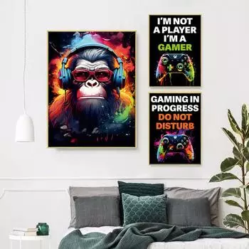 Забавные животные, обезьяны в наушниках, постер, игровой контроллер, игровые декоративные картины, холст, настенные картины, декор для геймерской комнаты 21x30cm No Framed